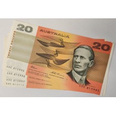 AUSTRALIA 1993 . TWENTY 20 DOLLARS BANKNOTES . FRASER/EVANS . CONSECUTIVE FOUR . LAST PREFIX ADK